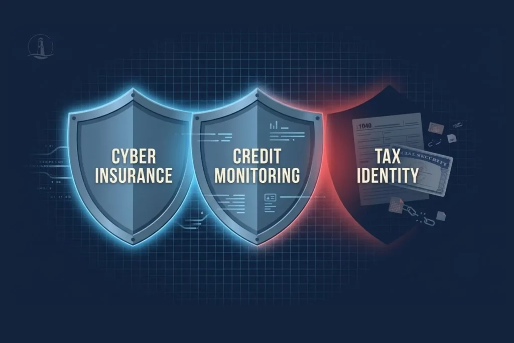 Three shields representing cyber insurance, credit monitoring, and tax identity protection, with the tax identity shield cracked and exposing an IRS Form 1040 and Social Security card