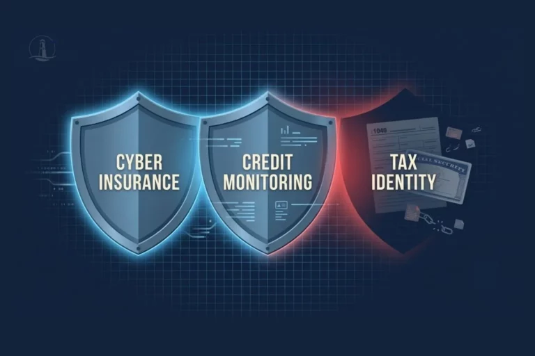 Three shields representing cyber insurance, credit monitoring, and tax identity protection, with the tax identity shield cracked and exposing an IRS Form 1040 and Social Security card
