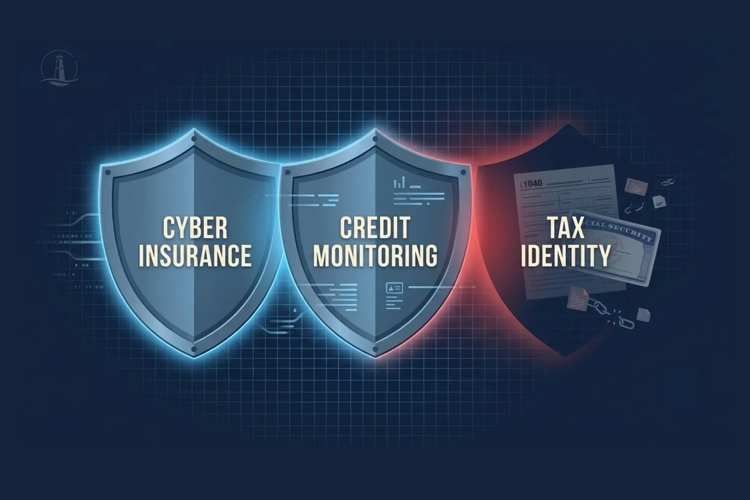 Three shields representing cyber insurance, credit monitoring, and tax identity protection, with the tax identity shield cracked and exposing an IRS Form 1040 and Social Security card