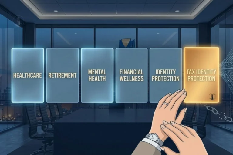 Illustration of six employee benefit cards displayed in a corporate boardroom — healthcare, retirement, mental health, financial wellness, identity protection, and a new amber-glowing tax identity protection card being added to the benefits strategy
