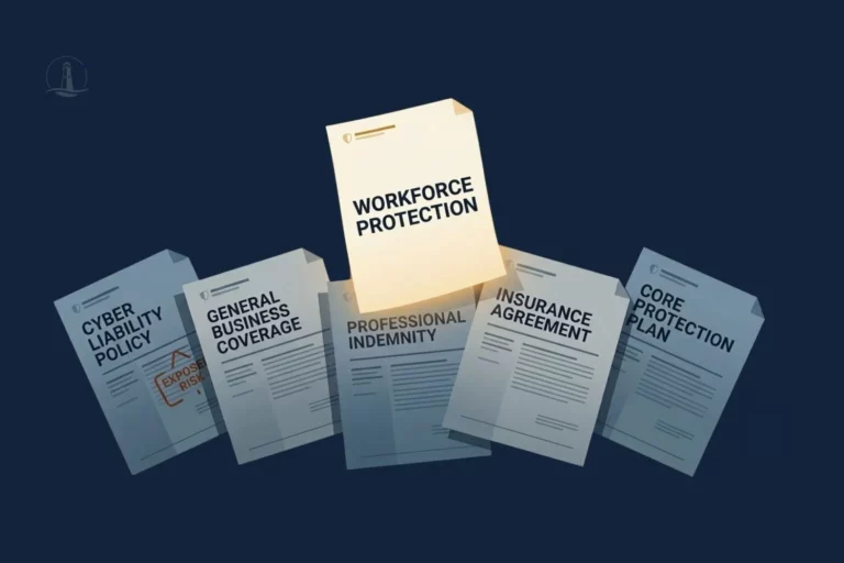 Illustration of five traditional insurance policy documents fanned out at the bottom, with one elevated document labeled "Workforce Protection" glowing in warm amber light above them, representing differentiation in the cyber insurance market